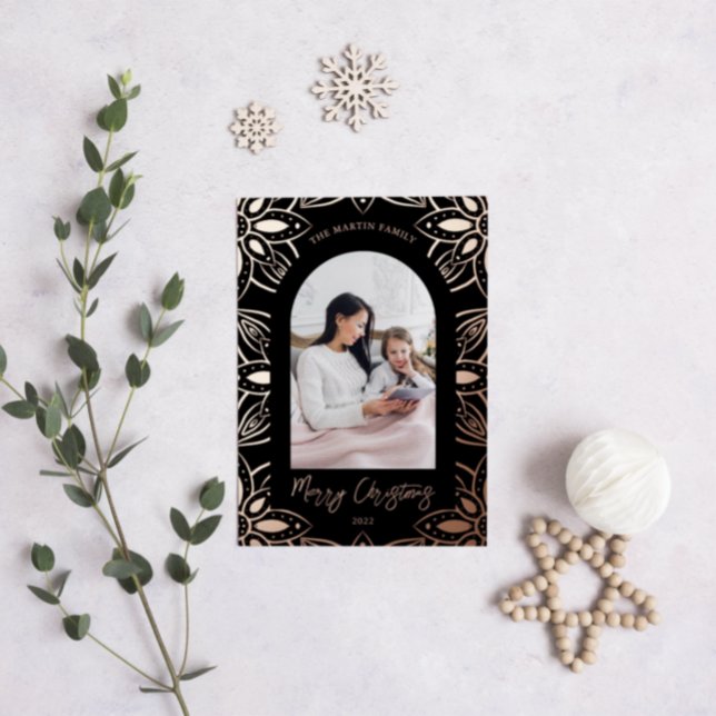 Elegant Black Botanical Frame Photo Christmas Foil Holiday Card (Creator Uploaded)