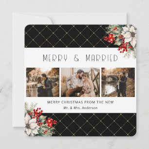 Elegant Black Botanical Newlywed Holiday Card