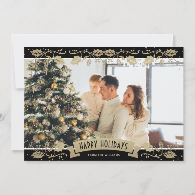 Elegant Black Botanical Photo Happy Holidays Card (Front)