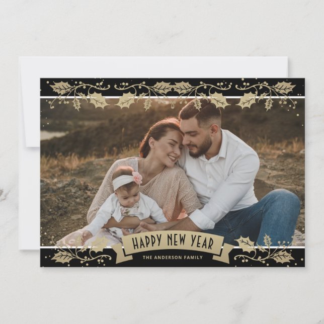 Elegant Black Botanical Photo New Year Holiday Card (Front)