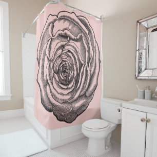 Elegant Black Botanical Rose on Blush Baby Pink Shower Curtain