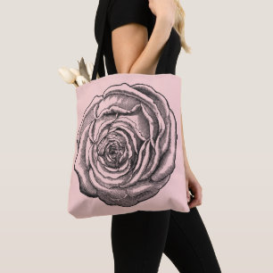 Elegant Black Botanical Rose on Blush Pale Pink Tote Bag