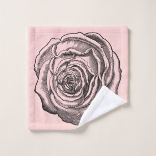Elegant Black Botanical Rose on Pale Blush Pink Bath Towel Set