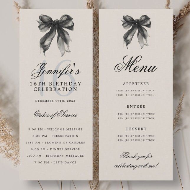 Elegant Black Bow 16th Birthday Party Program Menu (Elegant Black Bow 16th Birthday Party Program Menu)