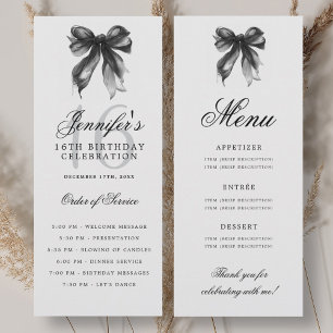 Elegant Black Bow 16th Birthday Party Program Menu