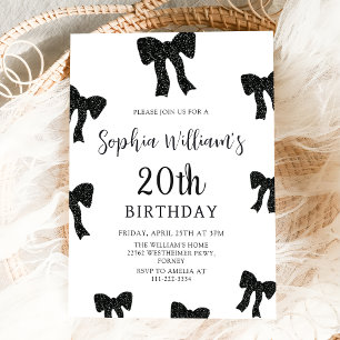 Elegant Black Bow 20th Birthday Party Invitation
