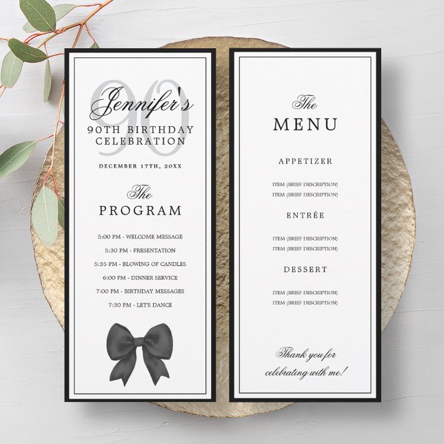 Elegant Black Bow 90th Birthday Program + Menu  (Elegant Black Bow 90th Birthday Program + Menu )
