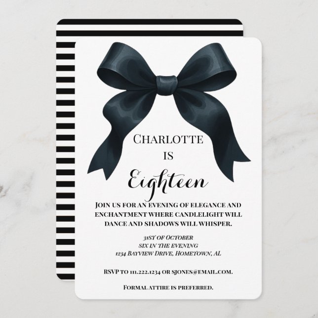 Elegant Black Bow Birthday Invite - Black Stripe (Front/Back)