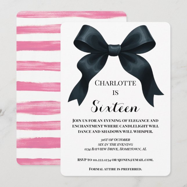 Elegant Black Bow Birthday Invite - Pink Stripe (Front/Back)