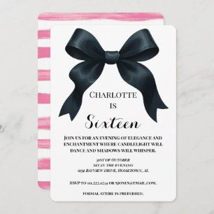 Elegant Black Bow Birthday Invite - Pink Stripe