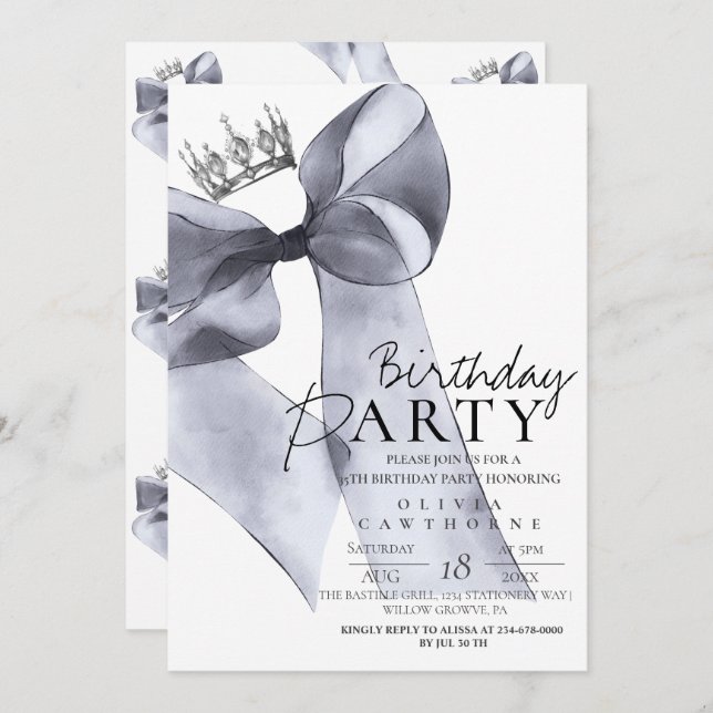Elegant Black Bow Birthday Party  Invitation (Front/Back)