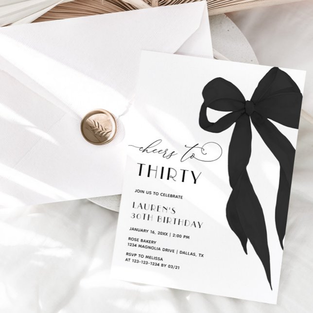 Elegant Black Bow Cheer To Thirty 30th Birthday Invitation (Creator Uploaded)