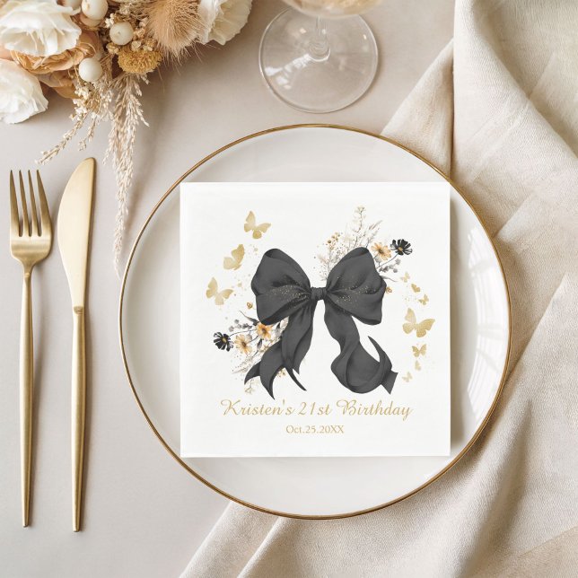 Elegant Black Bow Coquette Wildflowers Napkin (Elegant Black Gold Coquette Bow Napkins)