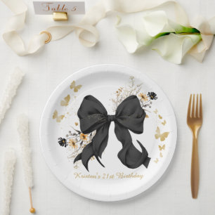 Elegant Black Bow Coquette Wildflowers Paper Plate