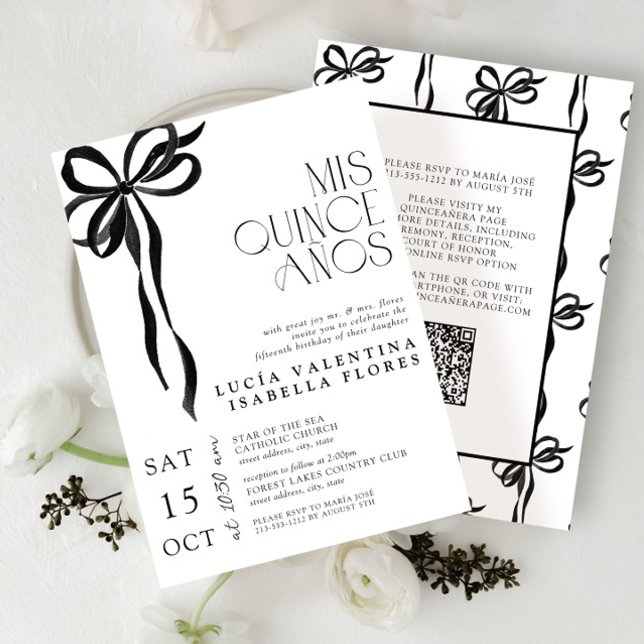 Elegant Black Bow Mis Quince Años QR Quinceañera  Invitation (Creator Uploaded)