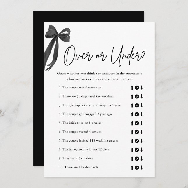Elegant Black Bow Over or Under Bridal Shower Game Invitation (Front/Back)