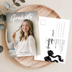 Elegant Black Bow Photo Grad Party Invitation Postcard
