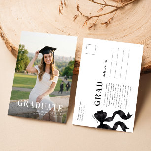 Elegant Black Bow Photo Graduation Announcement Postcard
