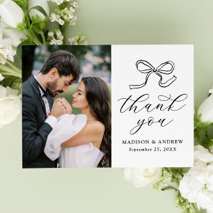Elegant Black Bow Photo Wedding Thank You Card