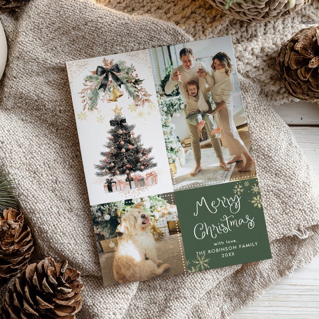 Elegant Black Bow Tree Merry Christmas 2 Photo Holiday Card (Creator Uploaded)