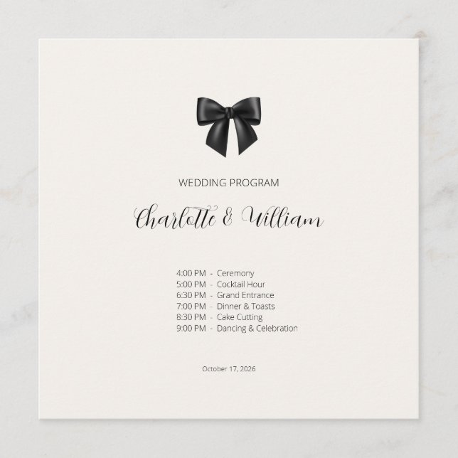 Elegant Black Bow Wedding Flat Program Card (Front)