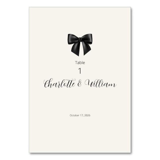 Elegant Black Bow Wedding Table Number Card (Front)