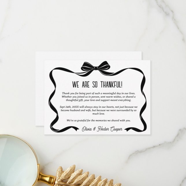 Elegant Black Bow Wedding Thank you card  (Front/Back In Situ)