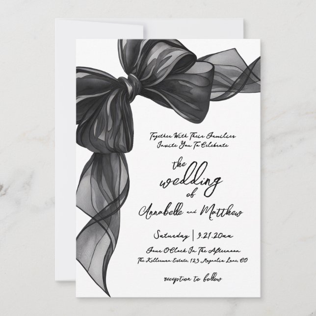 Elegant Black Bow Whimsical Wedding Invitation (Front)