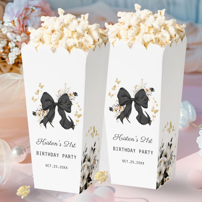 Elegant Black Bow Wildflowers Popcorn Favour Box (Elegant Black Bow Coquette and Floral Popcorn Favor Box)