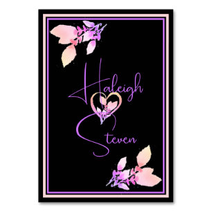 Elegant Black, Bright Peach & Violet Wedding Table Number