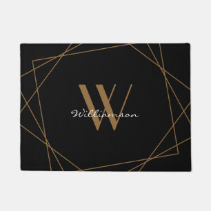 Elegant Black Brown Monogram Add Name Script Doormat