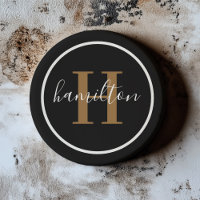 Elegant Black Brown Round Monogram Dark