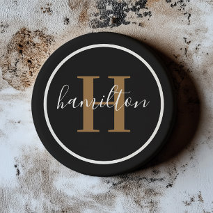 Elegant Black Brown Round Monogram Dark Coaster