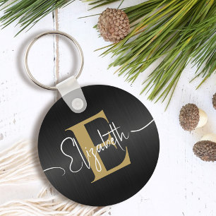 Elegant Black Brushed Metallic Gold Monogrammed Key Ring