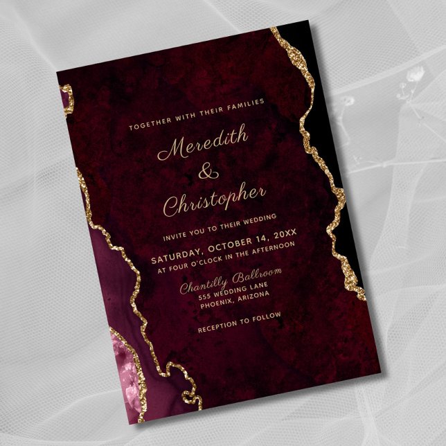 Elegant Black Burgundy Agate Wedding Invitation (Creator Uploaded)
