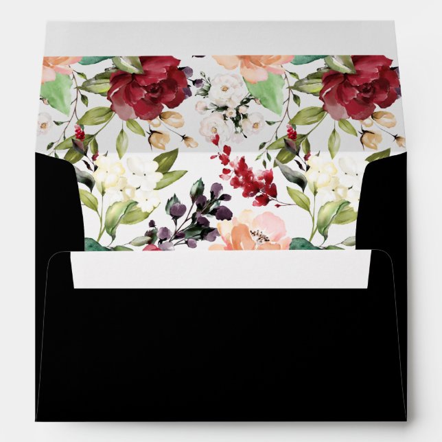 Elegant Black Burgundy Blush White Floral Pattern Envelope (Back (Bottom))