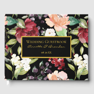 Elegant Black Burgundy Blush White Floral Pattern  Guest Book