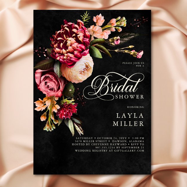 Elegant Black Burgundy Floral Script Bridal Shower Invitation (Creator Uploaded)
