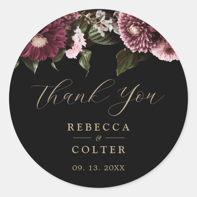 Elegant Black Burgundy Floral Wedding Classic Round Sticker (Front)