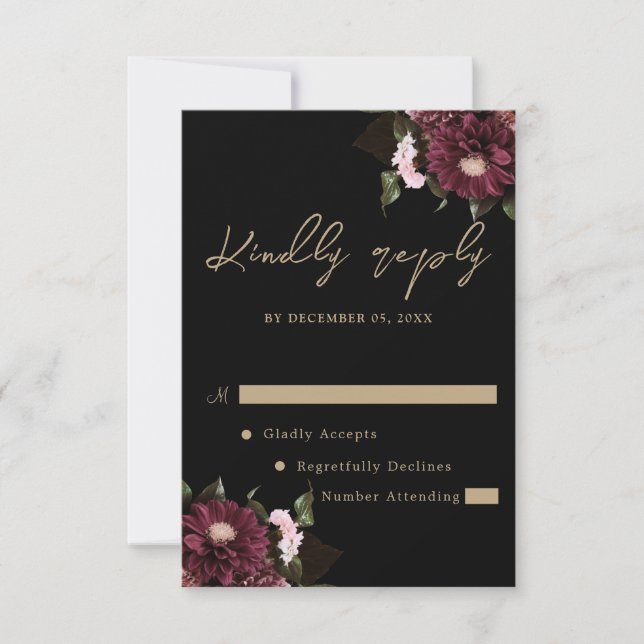 Elegant Black Burgundy Floral Wedding RSVP Card (Front)
