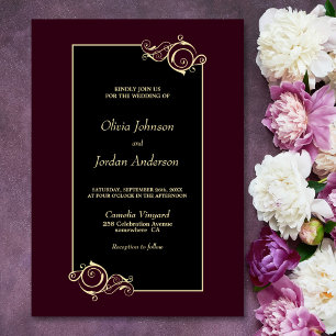 Elegant Black Burgundy Gold Wedding Invitation
