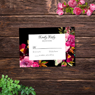 Elegant Black Burgundy Pink Floral Frame RSVP Card