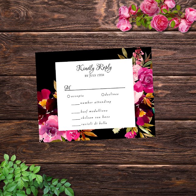Elegant Black Burgundy Pink Floral Frame RSVP Card (Creator Uploaded)