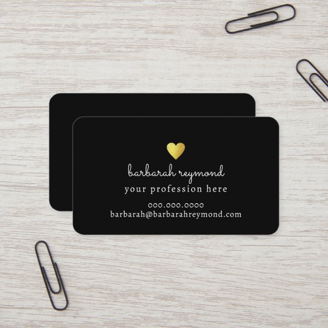 Elegant Black Business Card with faux gold heart (Front/Back In Situ)