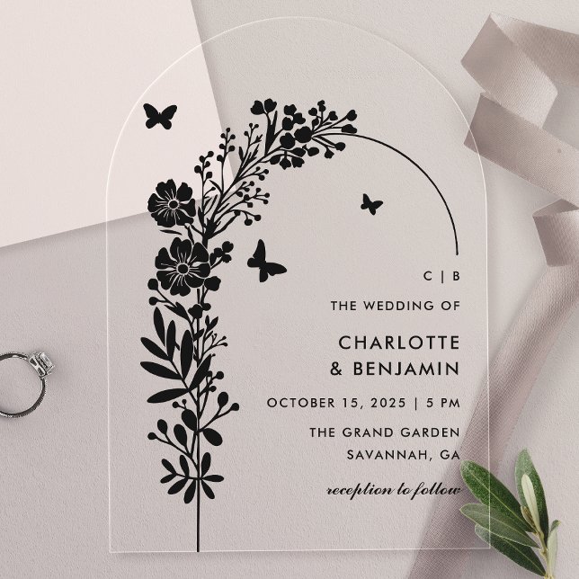 Elegant Black Butterfly Botanical Wedding Acrylic Invitations (Creator Uploaded)