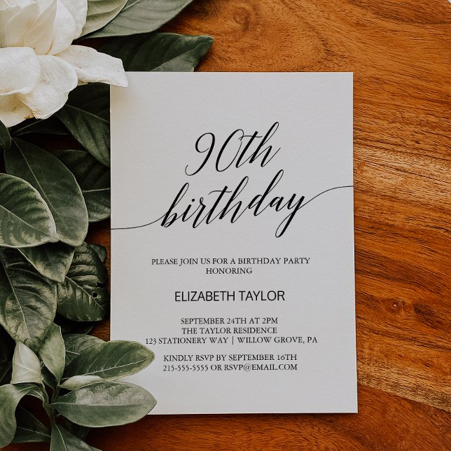 Elegant Black Calligraphy 90th Birthday Invitation (Creator Uploaded)
