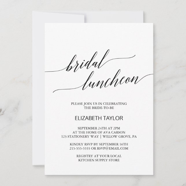 Elegant Black Calligraphy Bridal Luncheon Invitation (Front)