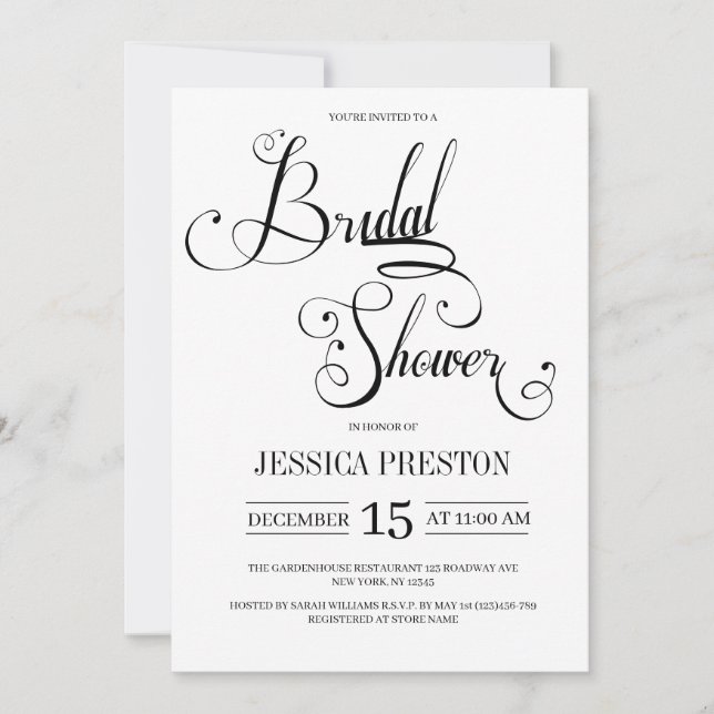Elegant Black Calligraphy Bridal Shower Invitation (Front)
