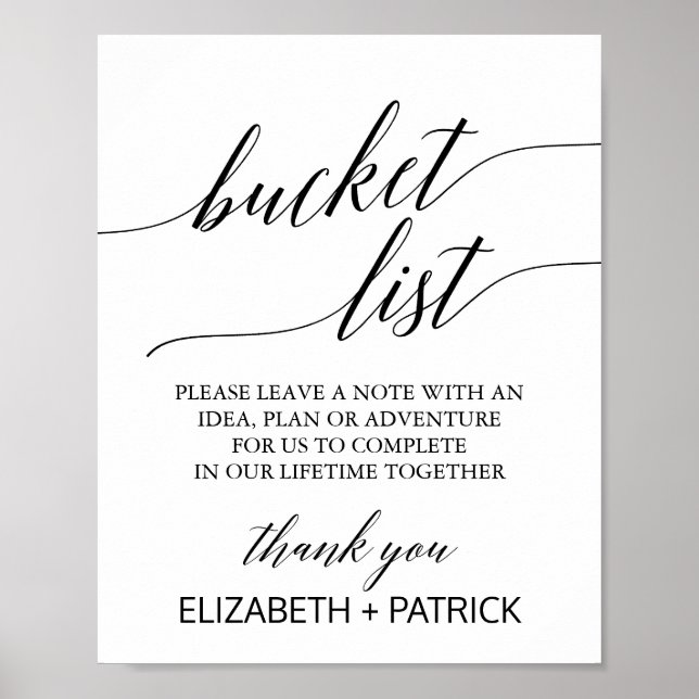 Elegant Black Calligraphy Bucket List Sign (Front)