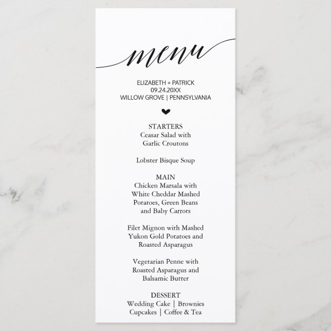 Elegant Black Calligraphy Heart Dinner Menu Card (Front)